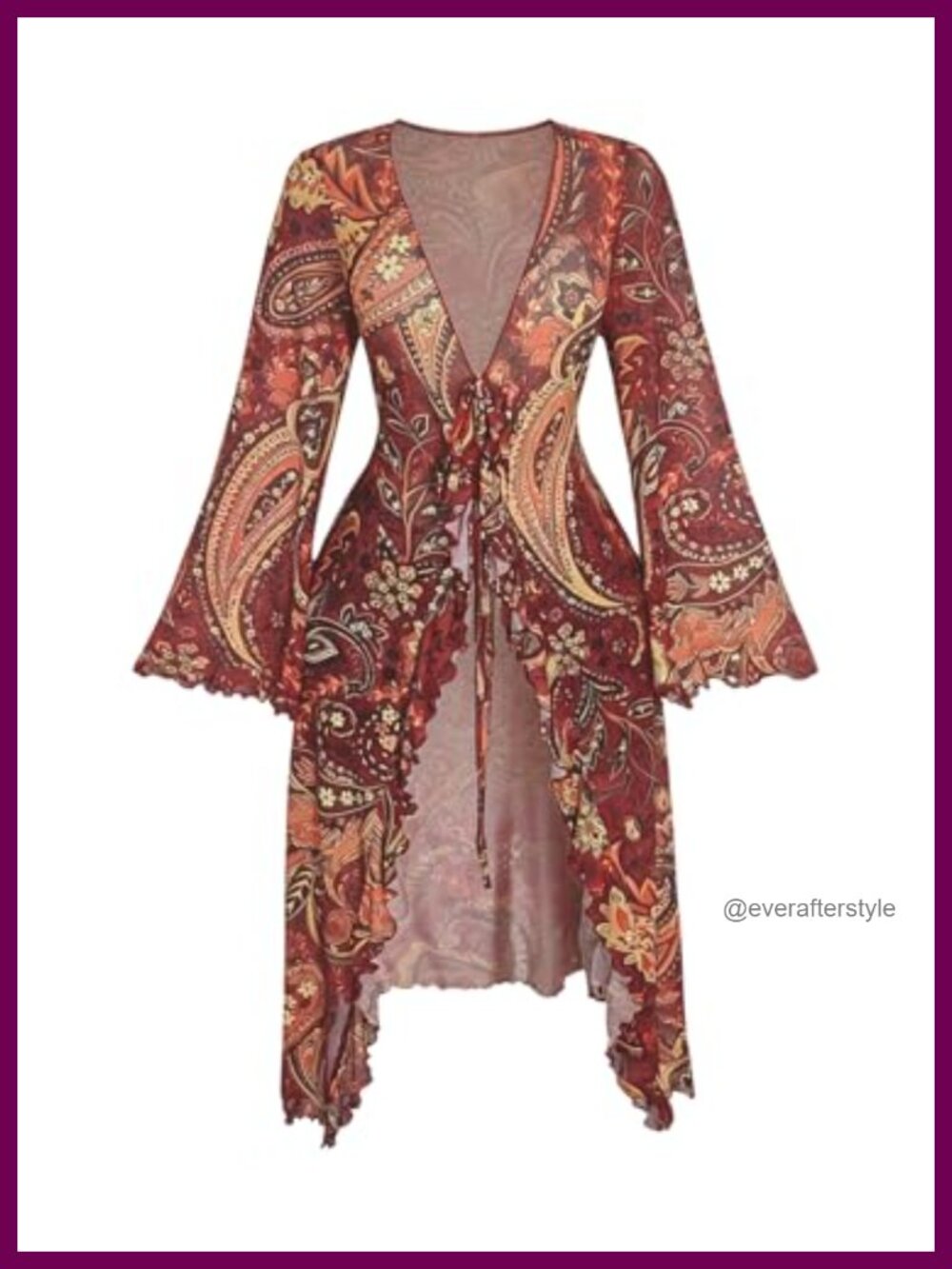 Plus Size Boho Paisley Tie Front Bell Sleeve Peasant Blouse
